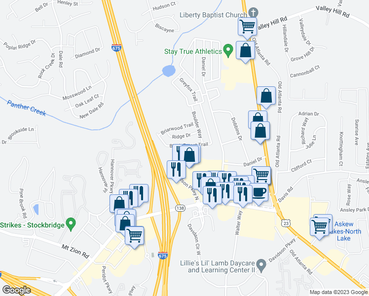map of restaurants, bars, coffee shops, grocery stores, and more near 169 Black Forest Trail in Stockbridge