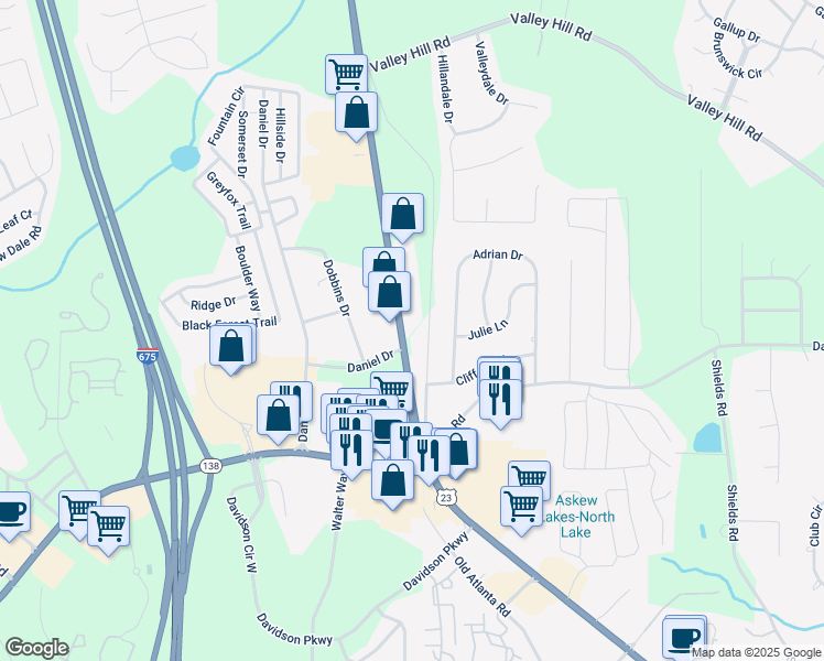 map of restaurants, bars, coffee shops, grocery stores, and more near 5708 North Henry Boulevard in Stockbridge