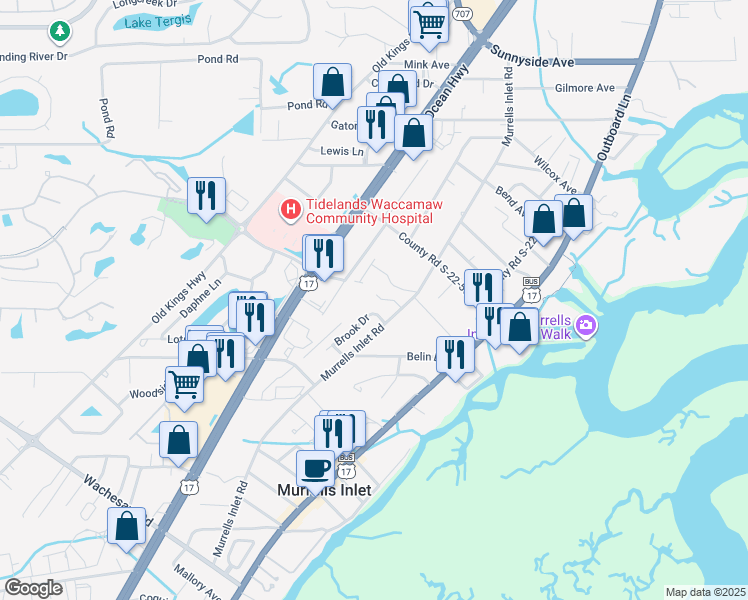 map of restaurants, bars, coffee shops, grocery stores, and more near 639 Crystal Lane in Murrells Inlet