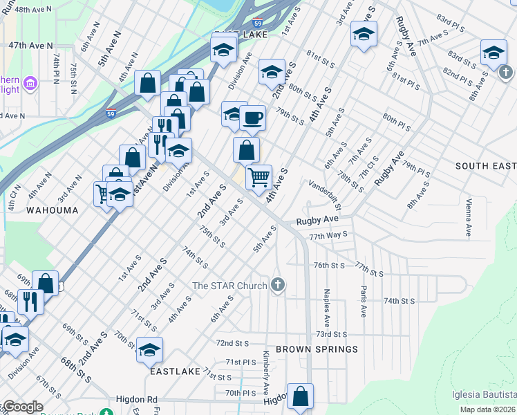 map of restaurants, bars, coffee shops, grocery stores, and more near 7634 4th Avenue South in Birmingham