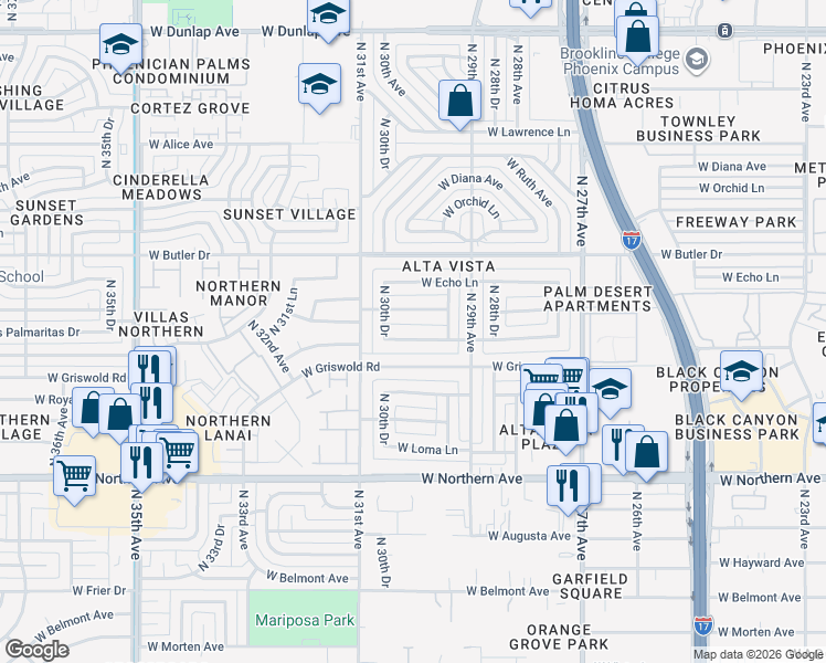 map of restaurants, bars, coffee shops, grocery stores, and more near 3002 West Las Palmaritas Drive in Phoenix