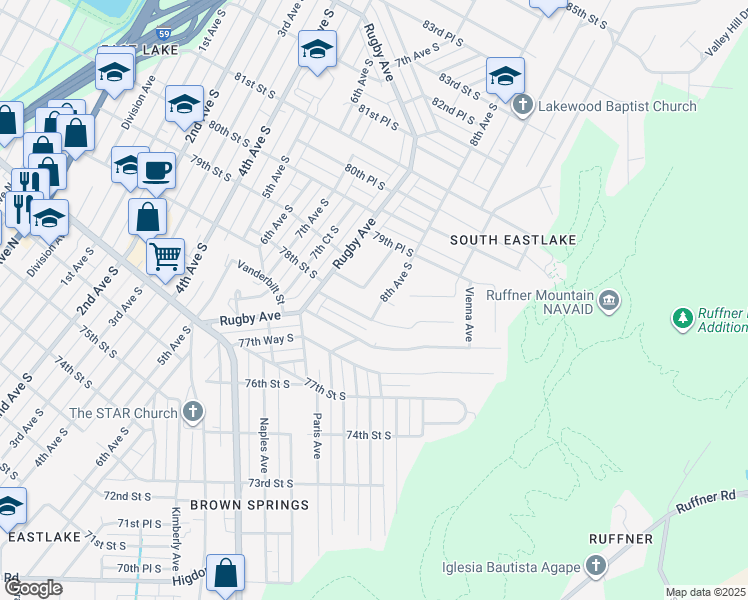 map of restaurants, bars, coffee shops, grocery stores, and more near 7808 8th Avenue South in Birmingham