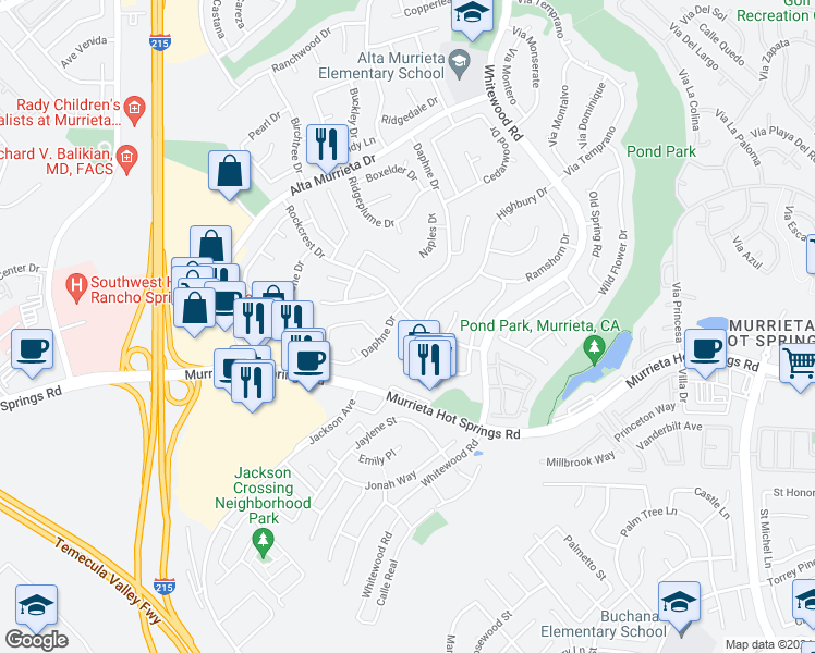 map of restaurants, bars, coffee shops, grocery stores, and more near 39984 Milos Court in Murrieta