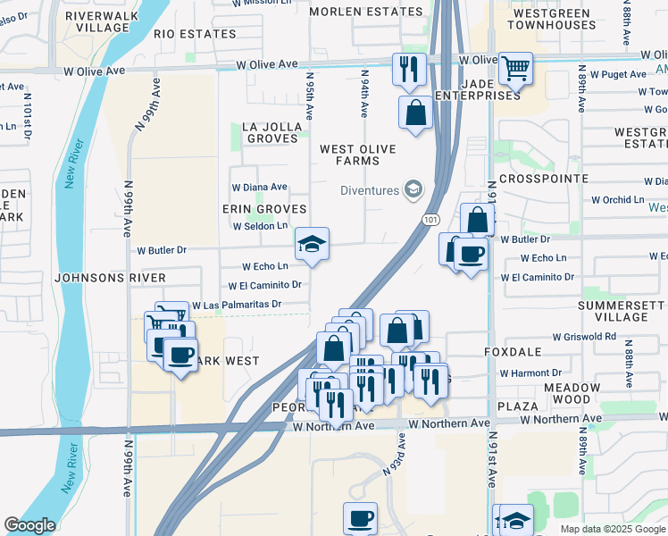 map of restaurants, bars, coffee shops, grocery stores, and more near 8361 North 95th Avenue in Peoria