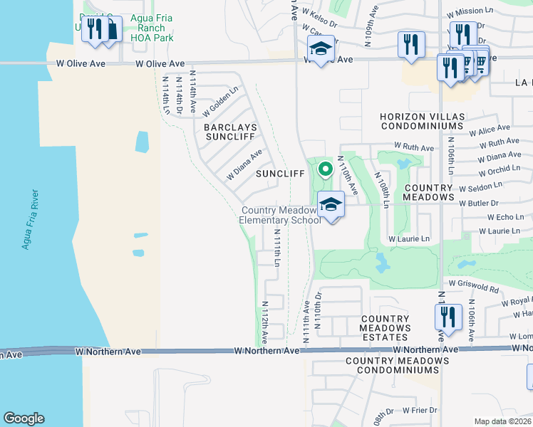 map of restaurants, bars, coffee shops, grocery stores, and more near 11190 West Echo Lane in Peoria