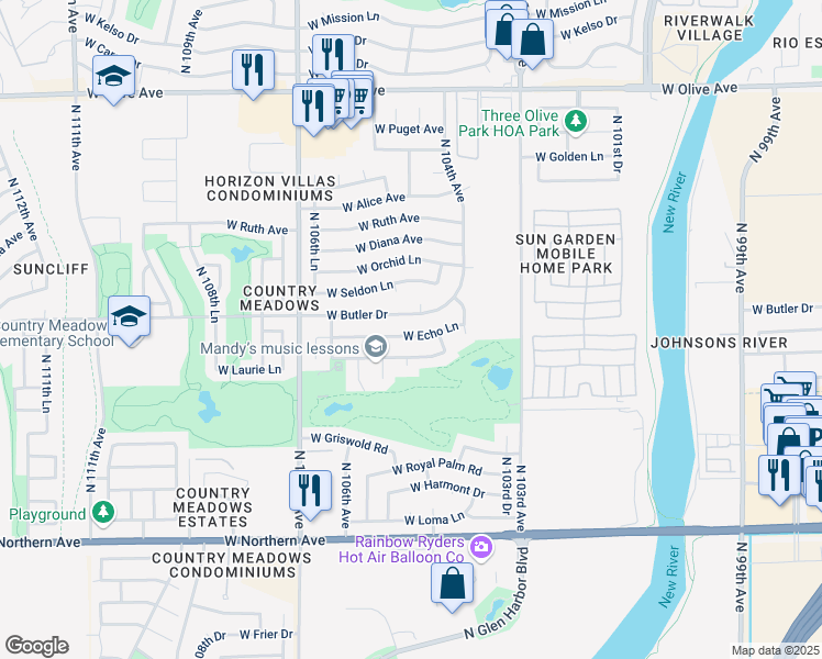 map of restaurants, bars, coffee shops, grocery stores, and more near 10450 West Echo Lane in Peoria