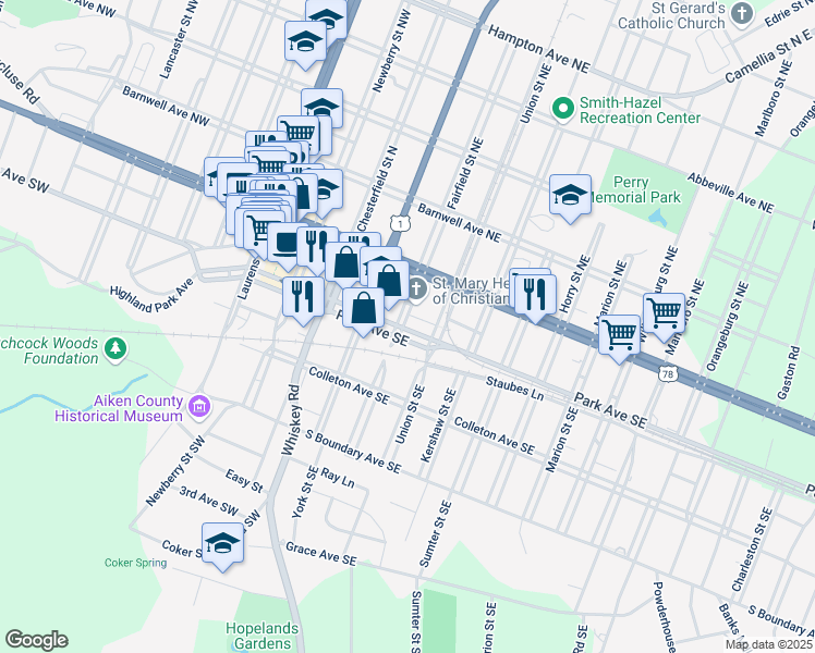 map of restaurants, bars, coffee shops, grocery stores, and more near 300 Park Avenue Southeast in Aiken
