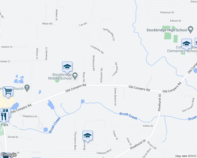 map of restaurants, bars, coffee shops, grocery stores, and more near 104 Stillwater Rd in Stockbridge