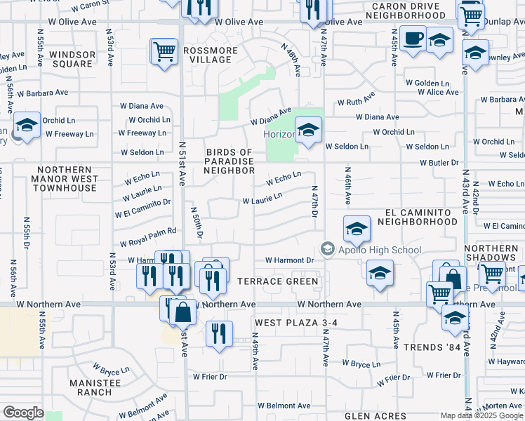 map of restaurants, bars, coffee shops, grocery stores, and more near 4832 West El Caminito Drive in Glendale