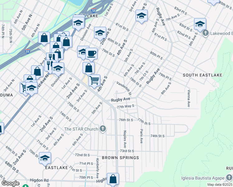 map of restaurants, bars, coffee shops, grocery stores, and more near 7740 Madrid Avenue in Birmingham