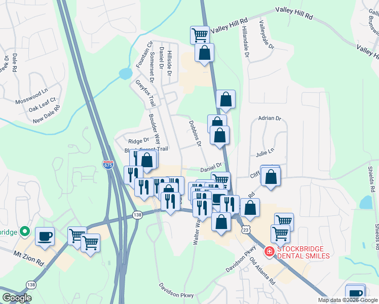 map of restaurants, bars, coffee shops, grocery stores, and more near 35 Daniel Drive in Stockbridge