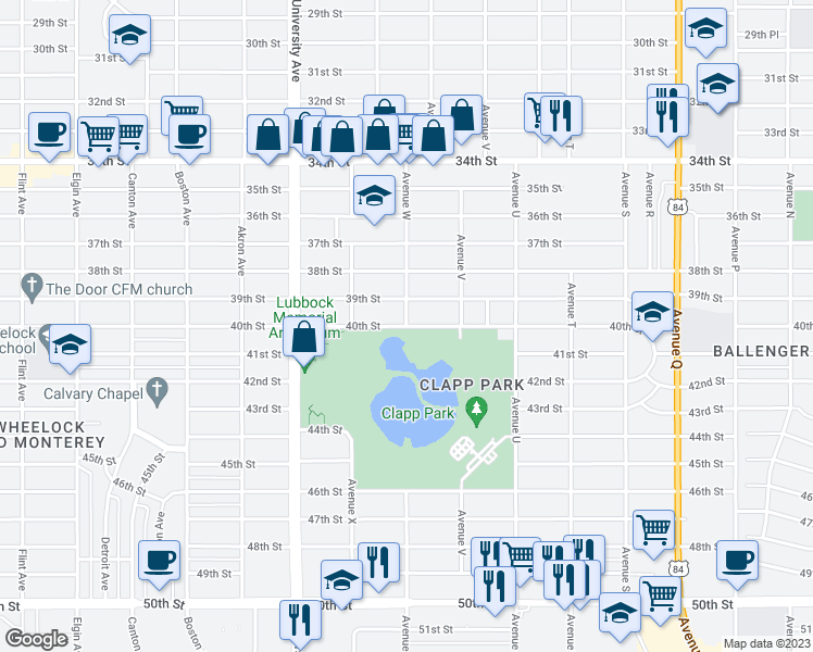 map of restaurants, bars, coffee shops, grocery stores, and more near 7501 Avenue W in Lubbock