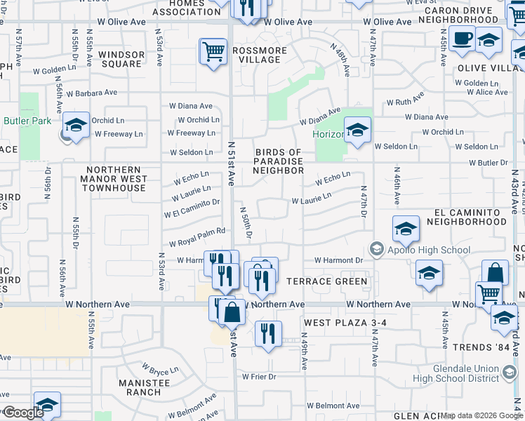 map of restaurants, bars, coffee shops, grocery stores, and more near 8341 North 50th Avenue in Glendale