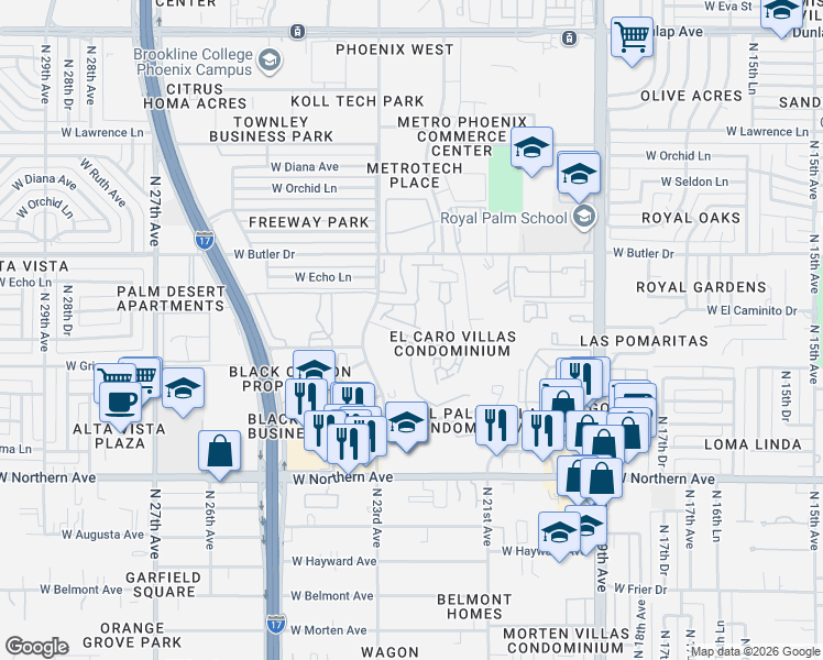 map of restaurants, bars, coffee shops, grocery stores, and more near 2218-2298 W El Caminito Dr in Phoenix