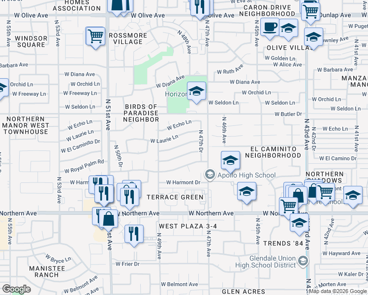 map of restaurants, bars, coffee shops, grocery stores, and more near 4741 West El Caminito Drive in Glendale