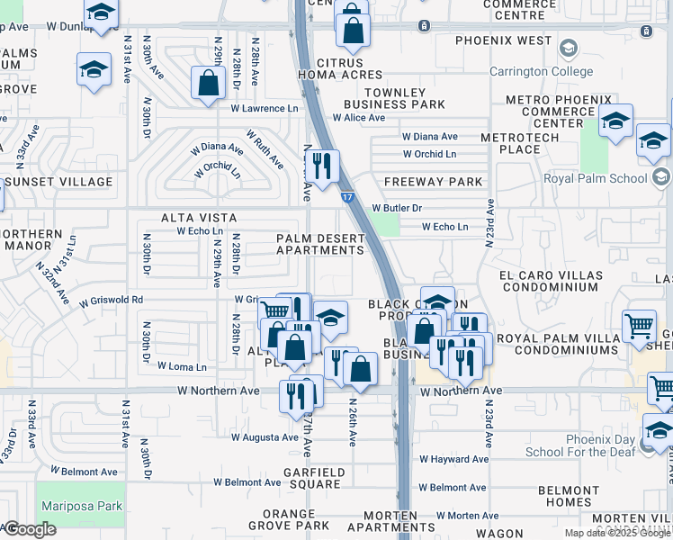 map of restaurants, bars, coffee shops, grocery stores, and more near 8245 North 27th Avenue in Phoenix