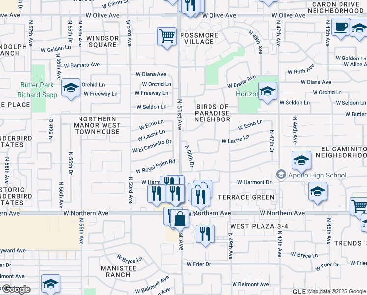 map of restaurants, bars, coffee shops, grocery stores, and more near 8356 North 50th Drive in Glendale