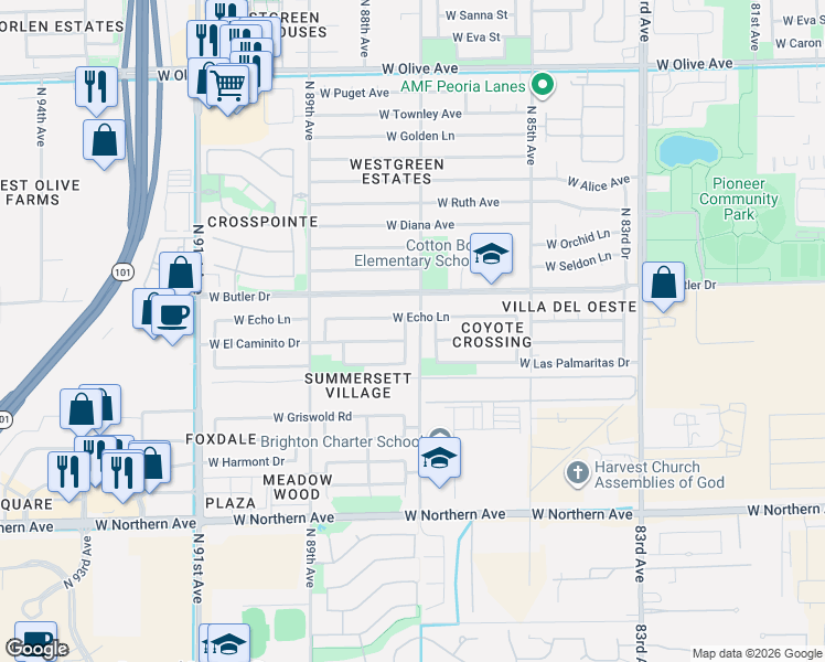 map of restaurants, bars, coffee shops, grocery stores, and more near 8369 North 87th Drive in Peoria