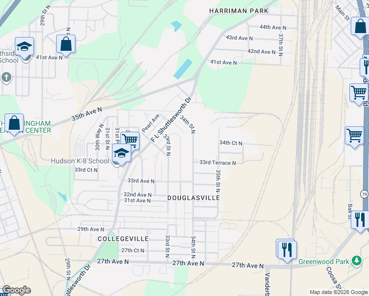 map of restaurants, bars, coffee shops, grocery stores, and more near 3377 33rd Place North in Birmingham