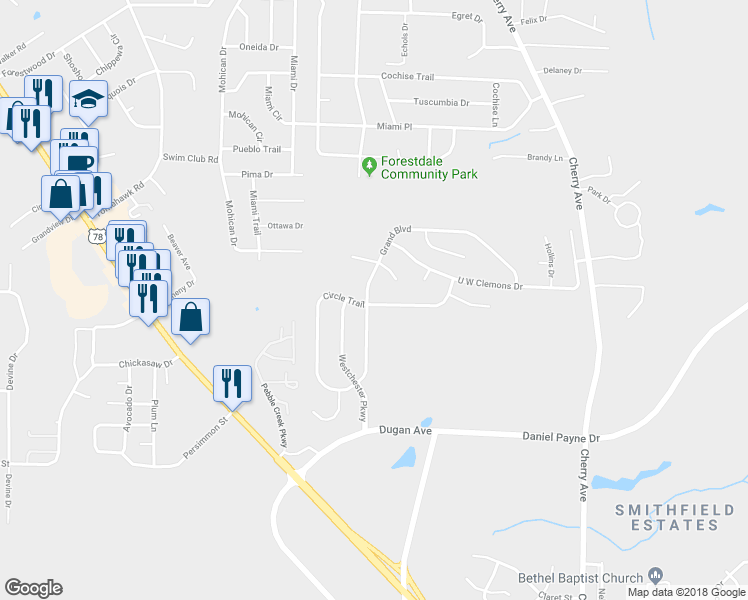 map of restaurants, bars, coffee shops, grocery stores, and more near 1200 Circle Trail in Birmingham