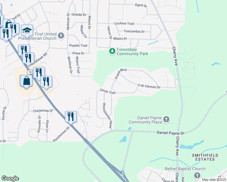 map of restaurants, bars, coffee shops, grocery stores, and more near 1200 Circle Trail in Birmingham