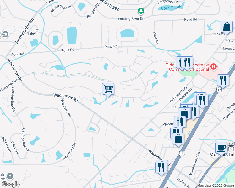 map of restaurants, bars, coffee shops, grocery stores, and more near 4500 Firethorne Drive in Murrells Inlet
