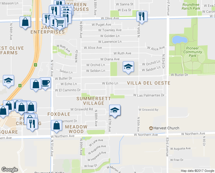 map of restaurants, bars, coffee shops, grocery stores, and more near 8369 North 87th Drive in Peoria
