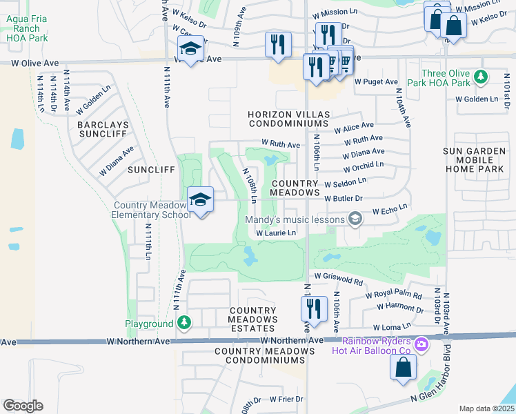 map of restaurants, bars, coffee shops, grocery stores, and more near 8421 North 108th Lane in Peoria