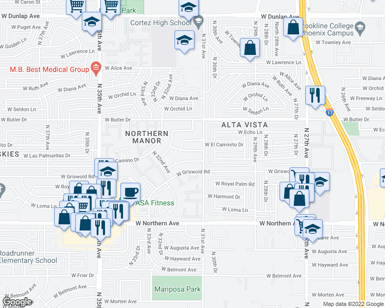 map of restaurants, bars, coffee shops, grocery stores, and more near 3119 West El Caminito Drive in Phoenix