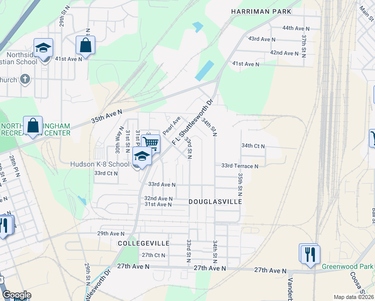 map of restaurants, bars, coffee shops, grocery stores, and more near 3372 33rd Street North in Birmingham