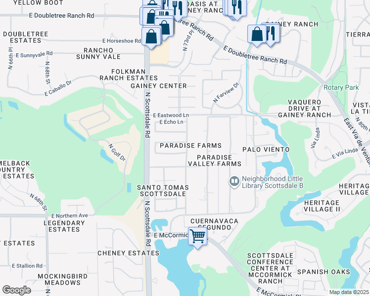 map of restaurants, bars, coffee shops, grocery stores, and more near 8310 North 73rd Place in Scottsdale