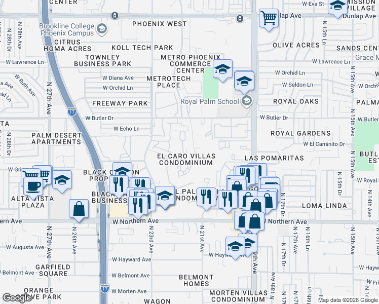 map of restaurants, bars, coffee shops, grocery stores, and more near 8301 North 21st Drive in Phoenix