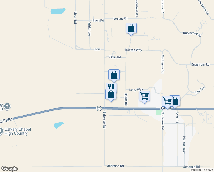 map of restaurants, bars, coffee shops, grocery stores, and more near 38770 Bahrman Road in Anza