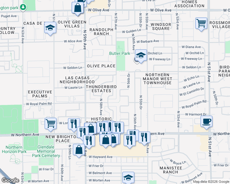 map of restaurants, bars, coffee shops, grocery stores, and more near 8341 North 57th Drive in Glendale