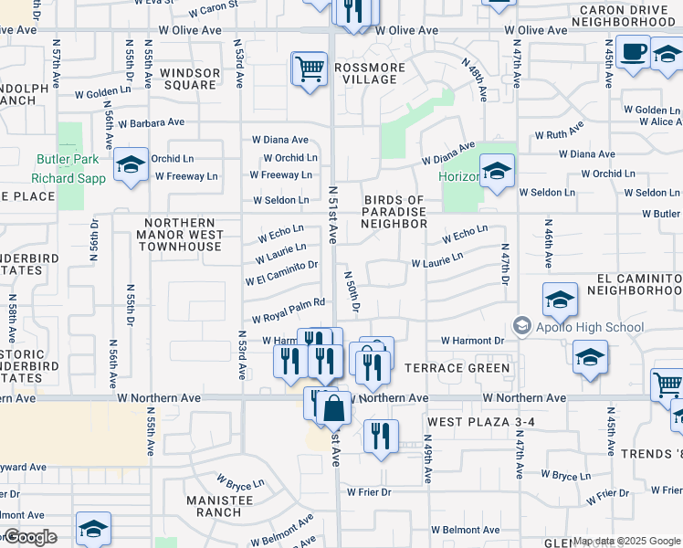 map of restaurants, bars, coffee shops, grocery stores, and more near 8356 North 50th Drive in Glendale