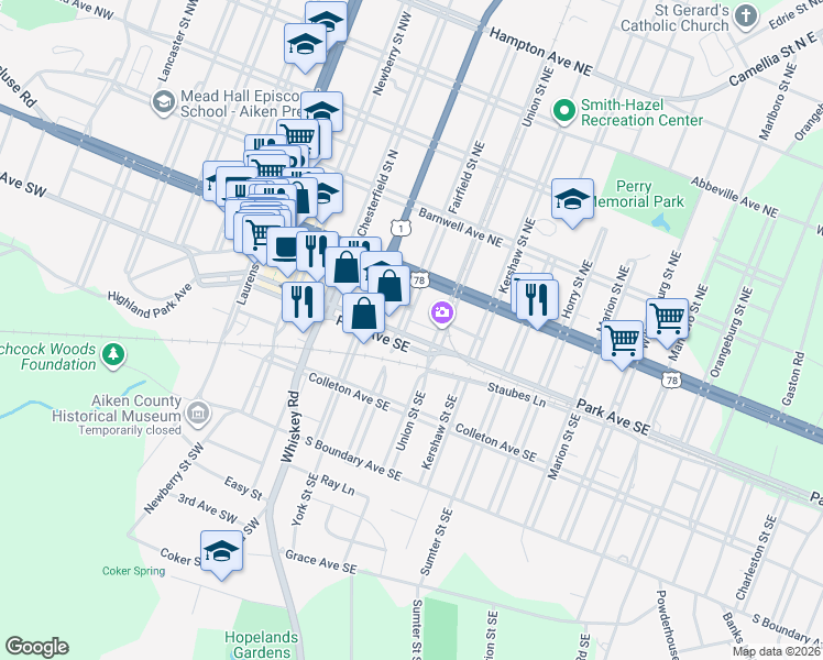 map of restaurants, bars, coffee shops, grocery stores, and more near 304 Park Avenue Southeast in Aiken