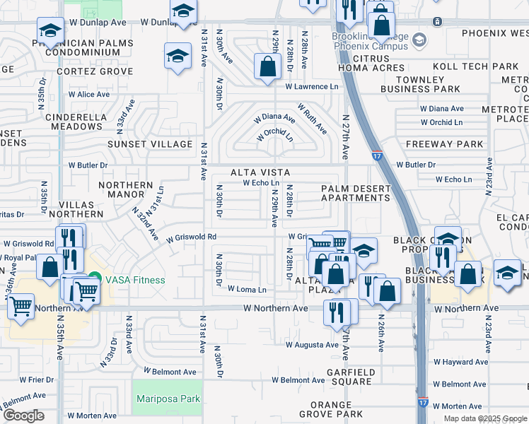 map of restaurants, bars, coffee shops, grocery stores, and more near 8227 North 29th Drive in Phoenix