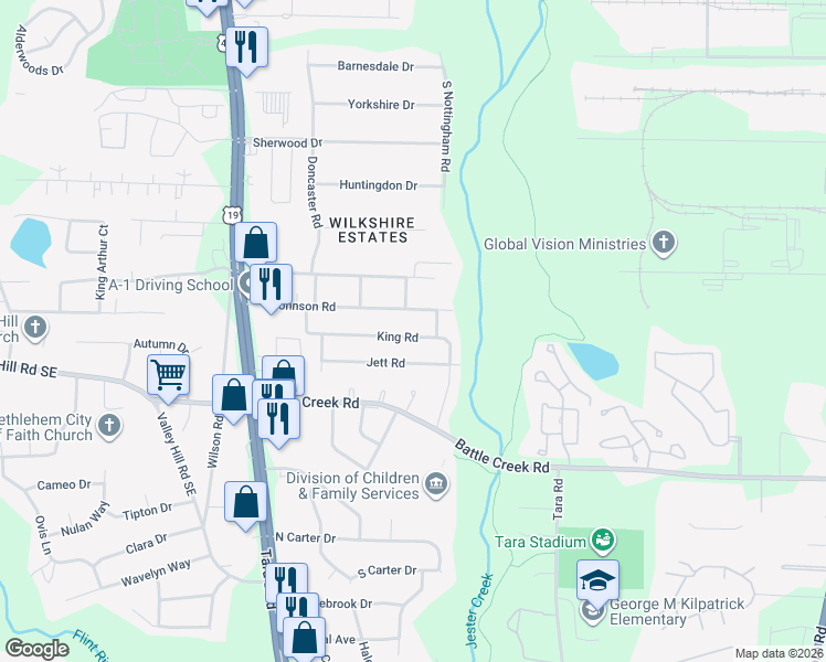 map of restaurants, bars, coffee shops, grocery stores, and more near 830 King Road in Jonesboro