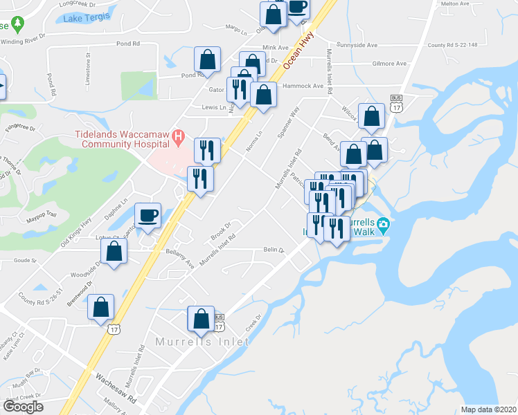 map of restaurants, bars, coffee shops, grocery stores, and more near 4162 Murrells Inlet Road in Murrells Inlet