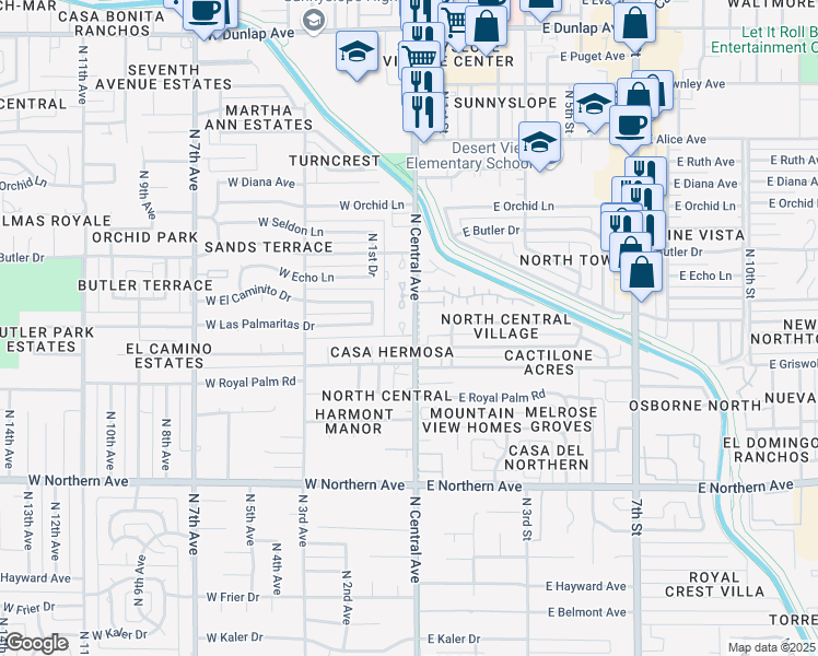map of restaurants, bars, coffee shops, grocery stores, and more near 8402C North Central Avenue in Phoenix