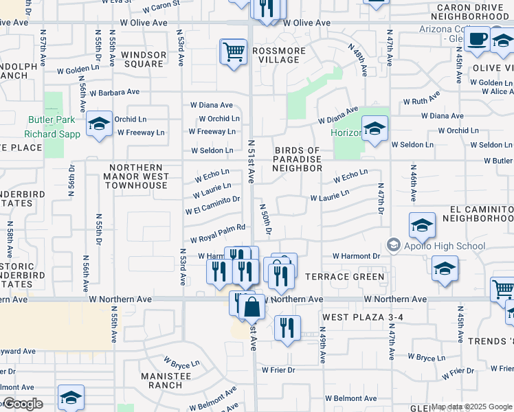 map of restaurants, bars, coffee shops, grocery stores, and more near 8356 North 50th Drive in Glendale