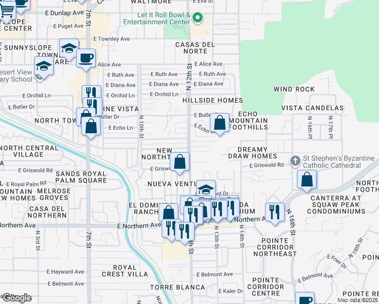 map of restaurants, bars, coffee shops, grocery stores, and more near N 12th St & E El Camino Dr in Phoenix