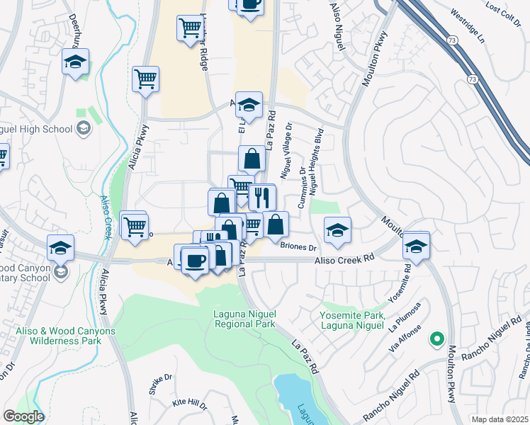 map of restaurants, bars, coffee shops, grocery stores, and more near 27922 La Paz Road in Laguna Niguel