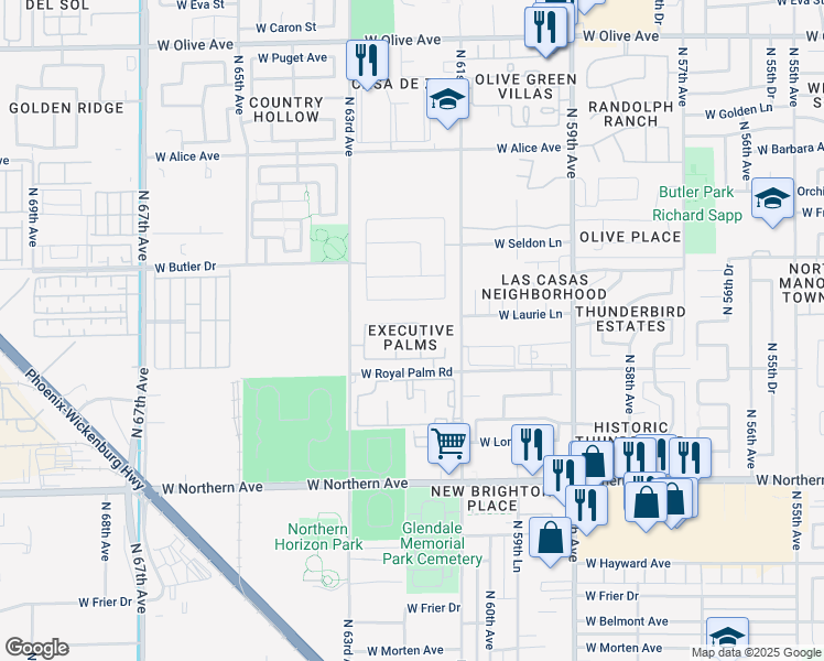 map of restaurants, bars, coffee shops, grocery stores, and more near 6145 W Echo Ln in Glendale