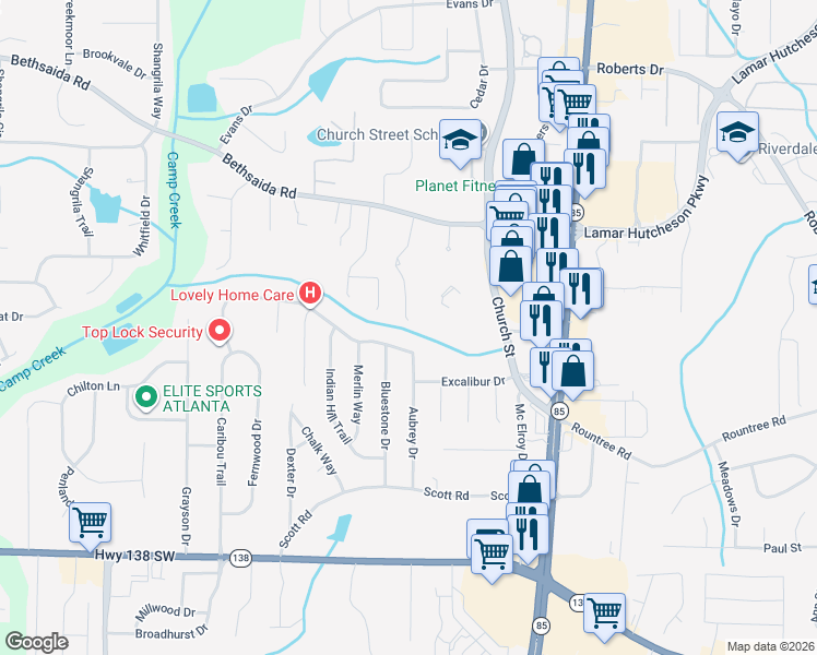 map of restaurants, bars, coffee shops, grocery stores, and more near 7214 Greystone Drive in Riverdale