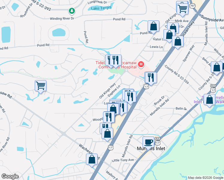 map of restaurants, bars, coffee shops, grocery stores, and more near 4386 Daphne Lane in Murrells Inlet