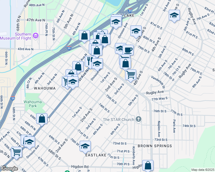 map of restaurants, bars, coffee shops, grocery stores, and more near 7528 2nd Avenue South in Birmingham