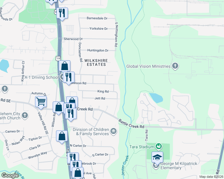 map of restaurants, bars, coffee shops, grocery stores, and more near 830 King Road in Jonesboro