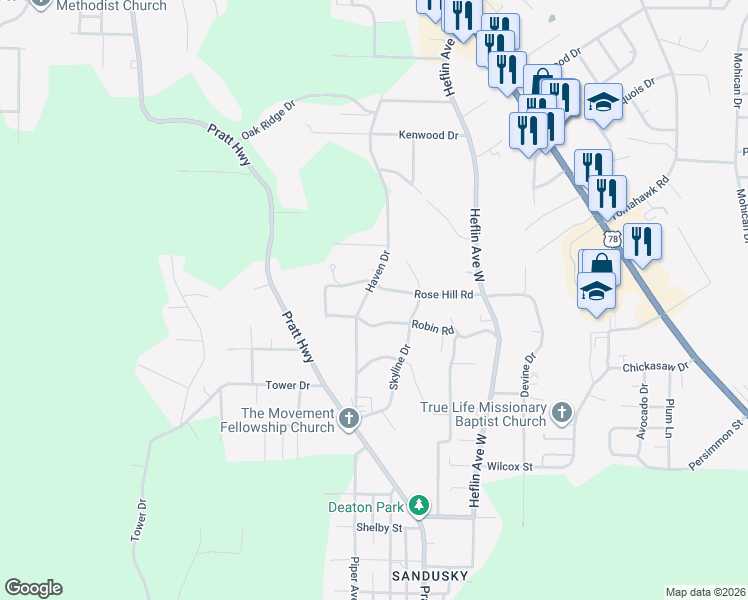 map of restaurants, bars, coffee shops, grocery stores, and more near 1249 Haven Drive in Birmingham