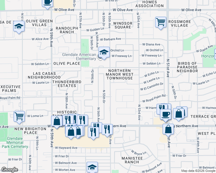 map of restaurants, bars, coffee shops, grocery stores, and more near 8334 North 55th Avenue in Glendale